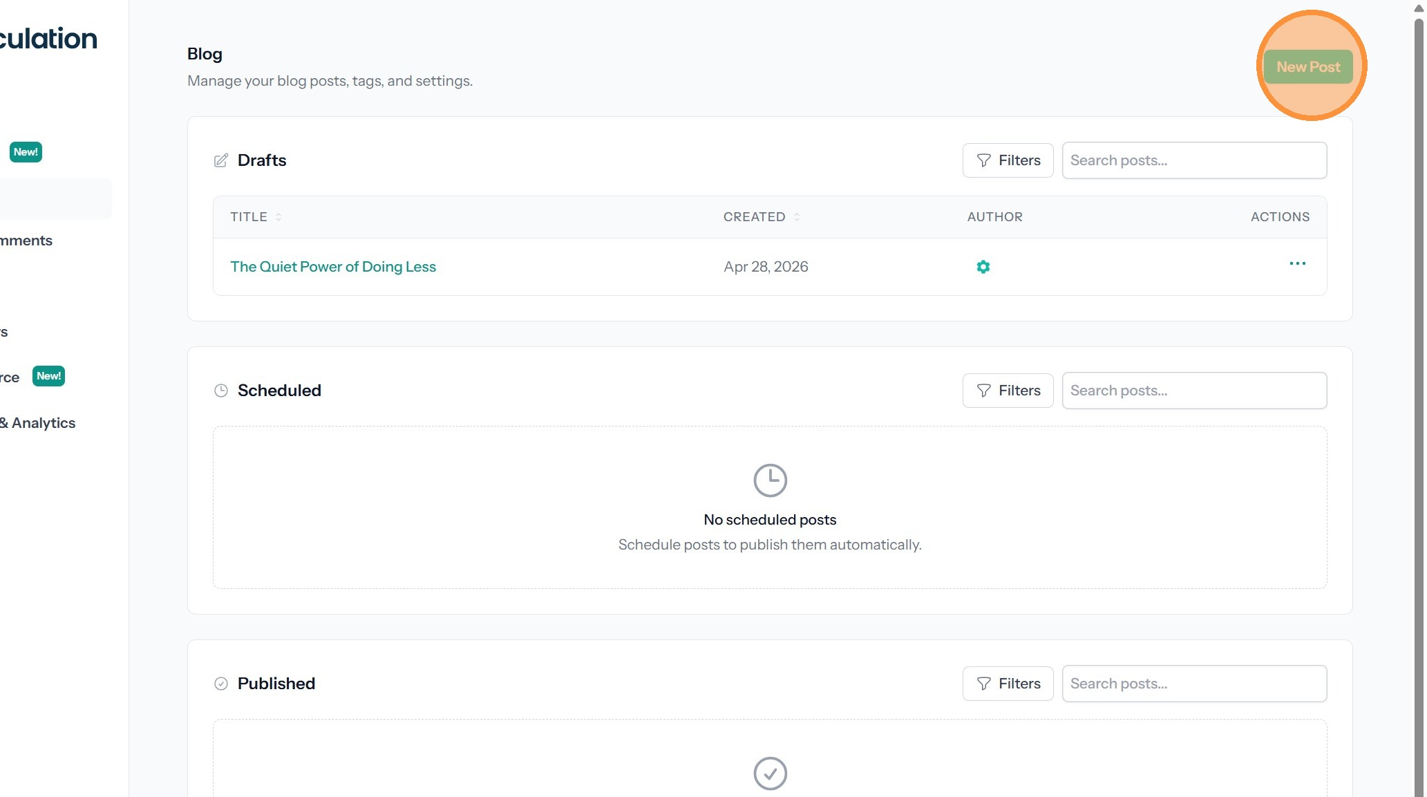 MediaCor Blog dashboard showing the New Post button
