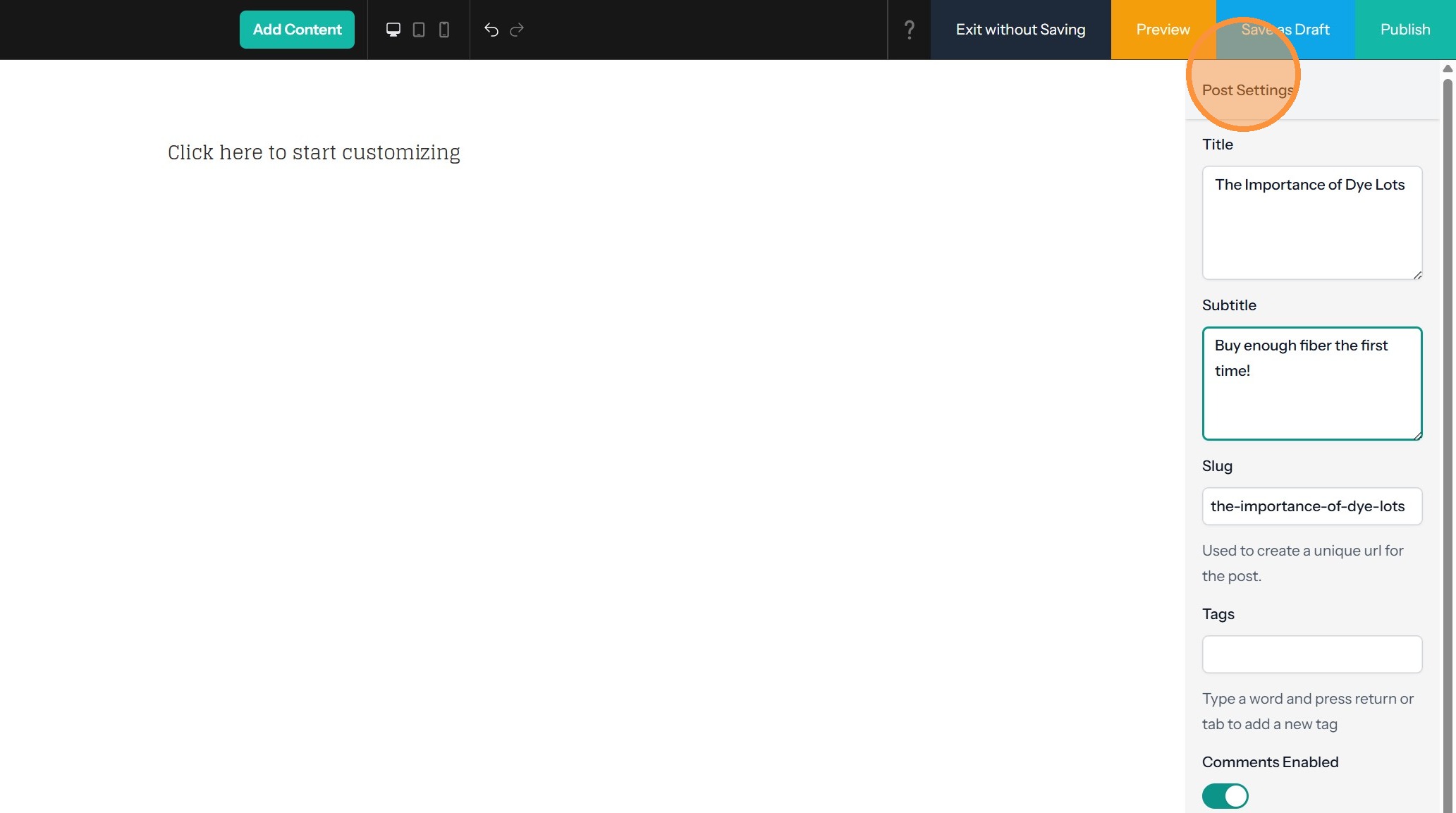 MediaCor blog post settings panel showing tags, publish date, and featured image